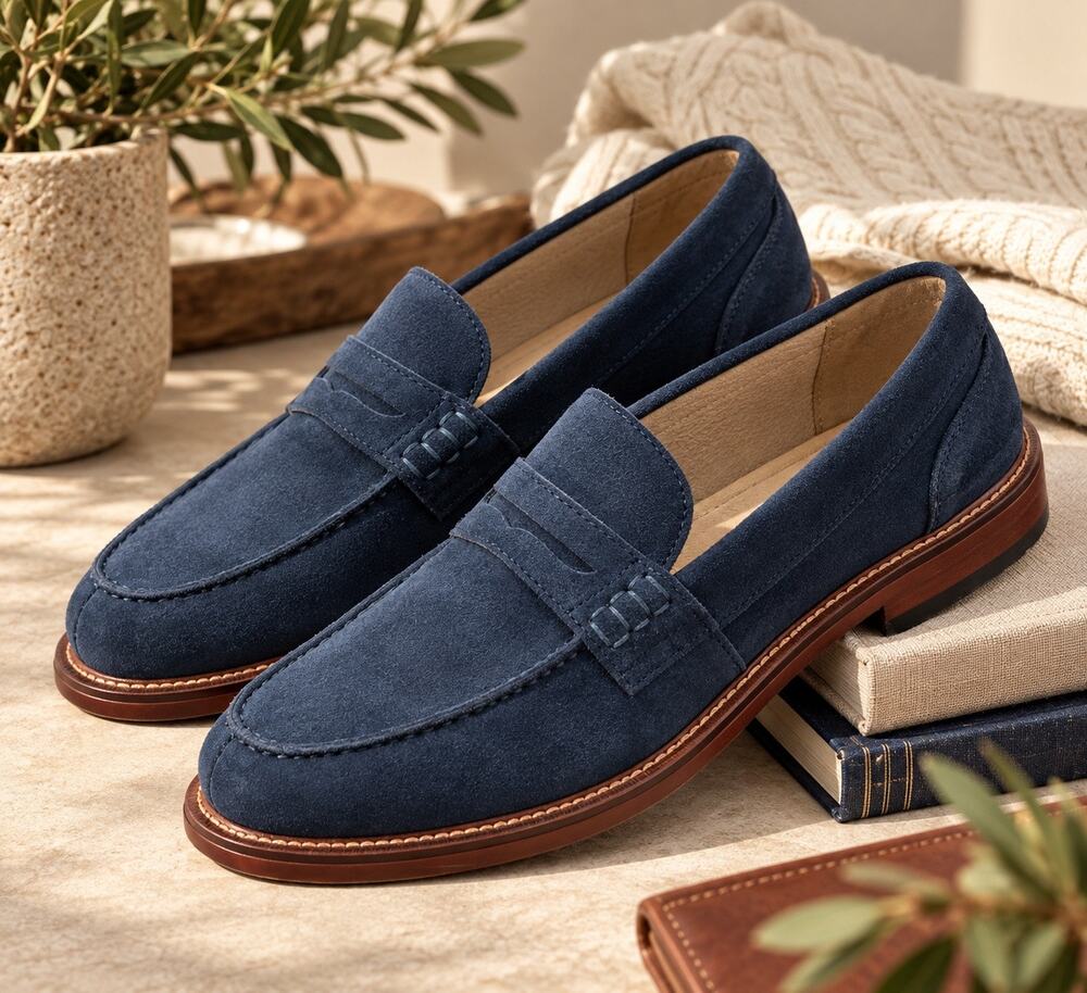 Banana Republic Men’s Navy Blue Suede Penny Loafers Size 10 Ortholite Preppy - Picture 1 of 7